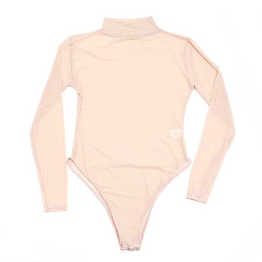 Nude Beige Sheer Turtleneck Bodysuit Long Sleeve